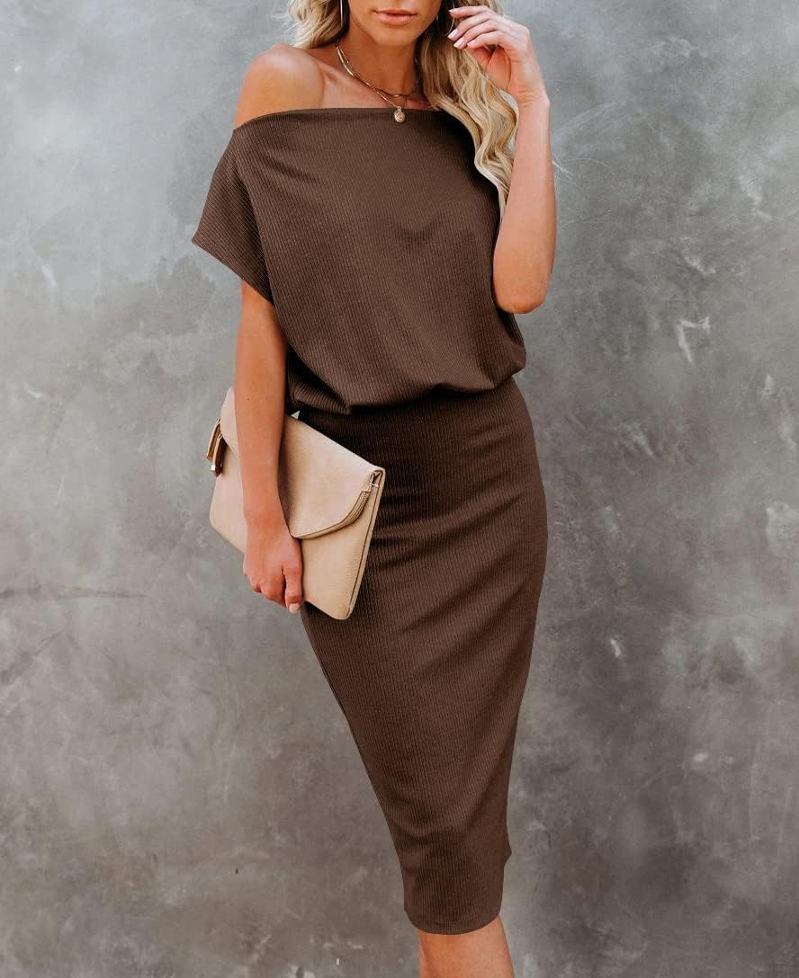 Ezbelle Women's 2025 Summer Dress Off The Shoulder Short Sleeve Ribbed Casual Party Bodycon Midi Dresses