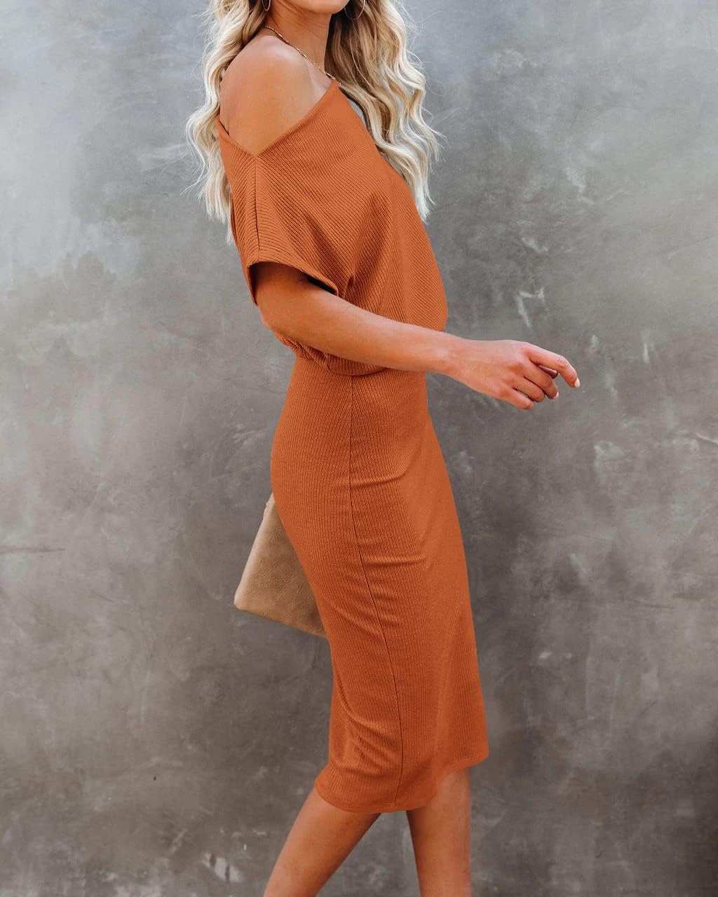 Ezbelle Women's 2025 Summer Dress Off The Shoulder Short Sleeve Ribbed Casual Party Bodycon Midi Dresses