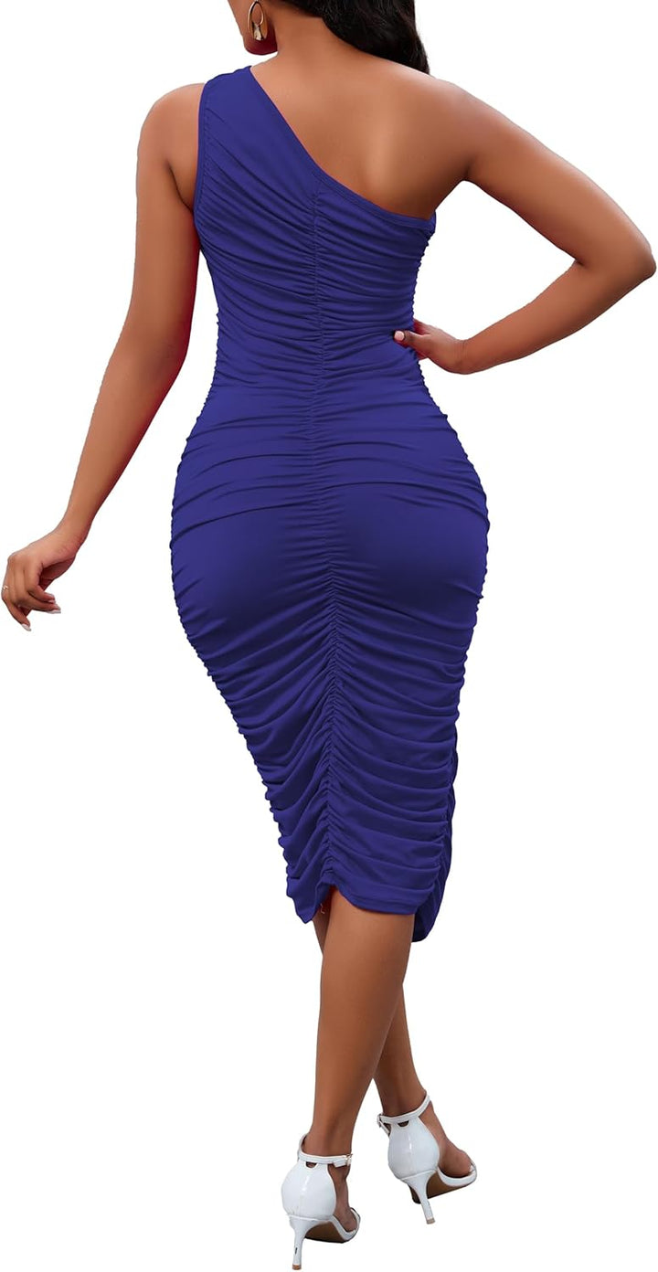 Women's Sexy One Shoulder Dresses Sleeveless Party Club Ruched Cocktail Wedding Guest Bodycon Midi Dress