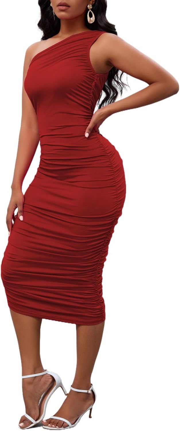 Women's Sexy One Shoulder Dresses Sleeveless Party Club Ruched Cocktail Wedding Guest Bodycon Midi Dress