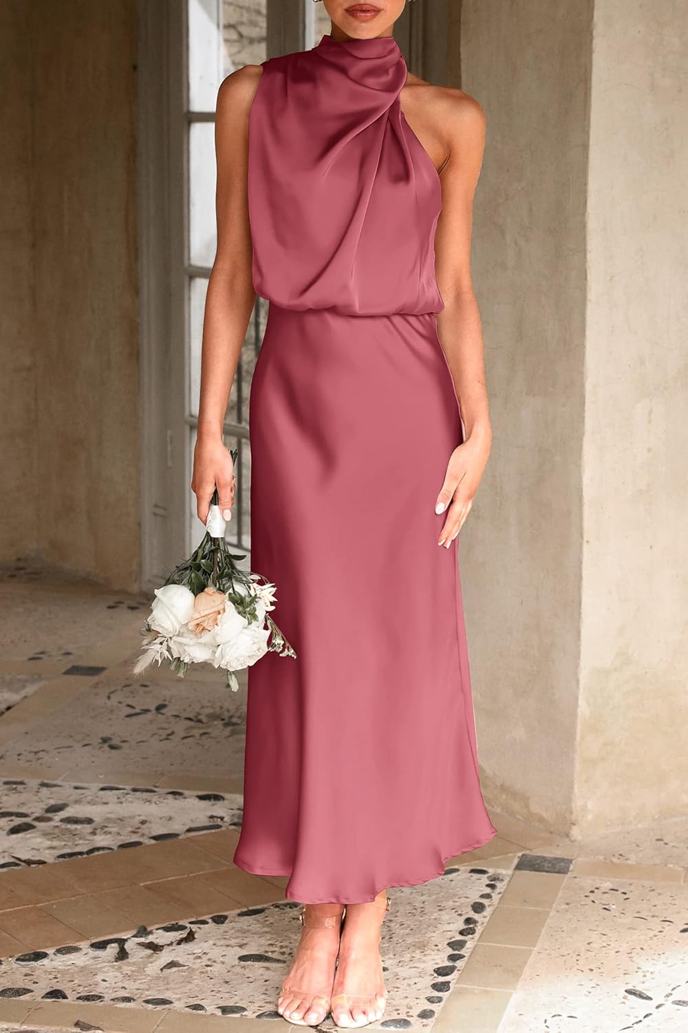 PRETTYGARDEN Women's 2025 Summer Satin Dress Elegant Sleeveless Mock Neck Cocktail Party Maxi Dresses