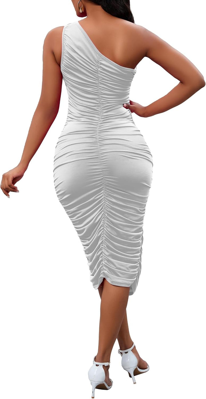 Women's Sexy One Shoulder Dresses Sleeveless Party Club Ruched Cocktail Wedding Guest Bodycon Midi Dress