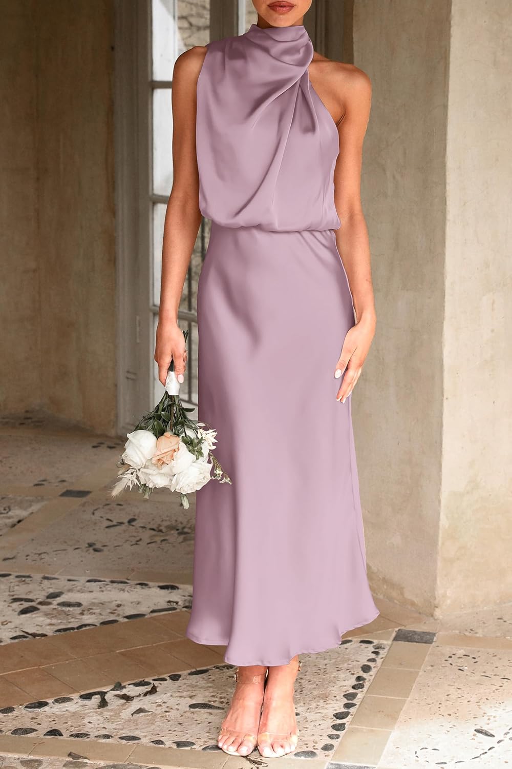 PRETTYGARDEN Women's 2025 Summer Satin Dress Elegant Sleeveless Mock Neck Cocktail Party Maxi Dresses