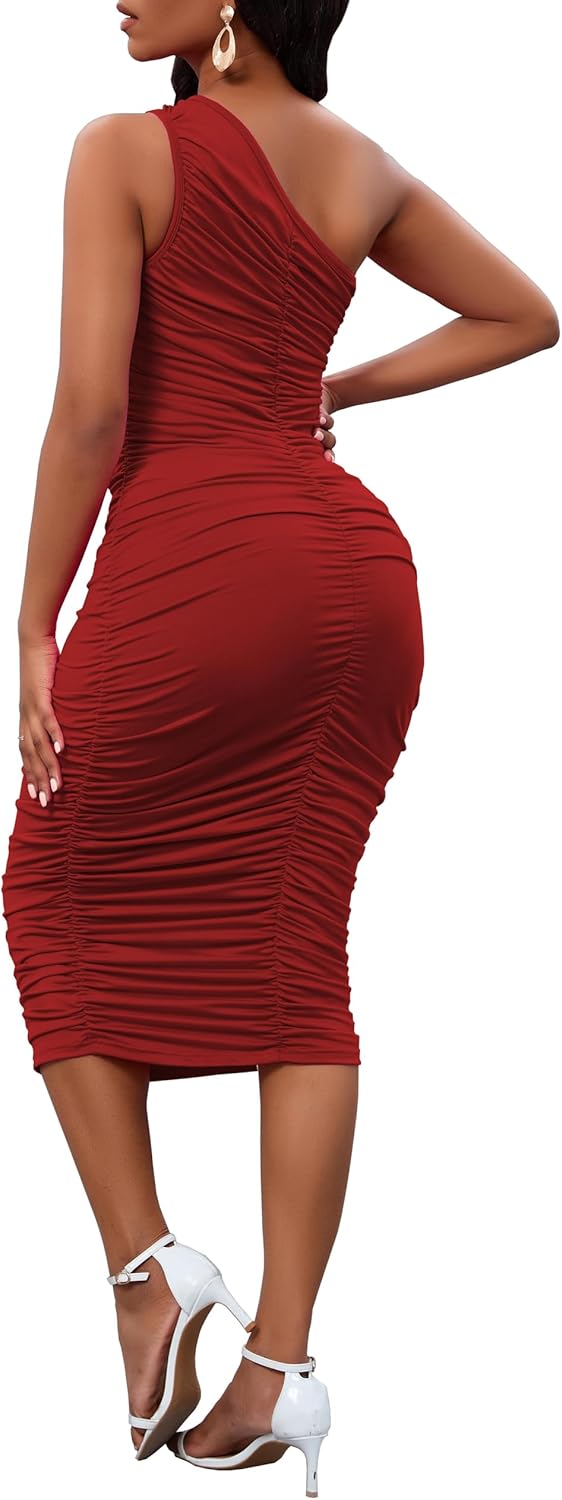 Women's Sexy One Shoulder Dresses Sleeveless Party Club Ruched Cocktail Wedding Guest Bodycon Midi Dress
