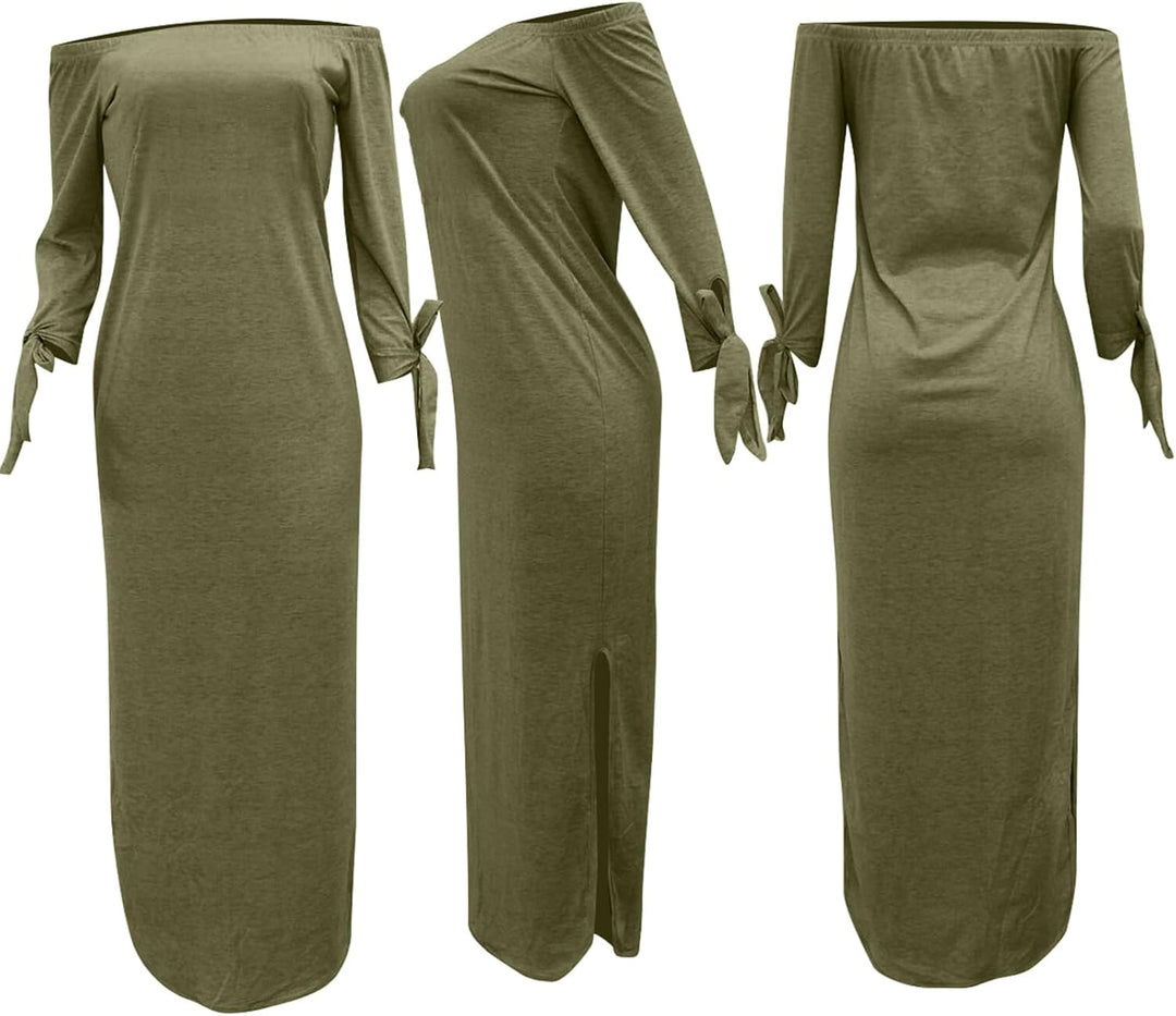 OLUOLIN Women's Casual Letter Print Off Shoulder Long Sleeve Bowknot Sides Slit Loose Long T-Shirt Maxi Dress
