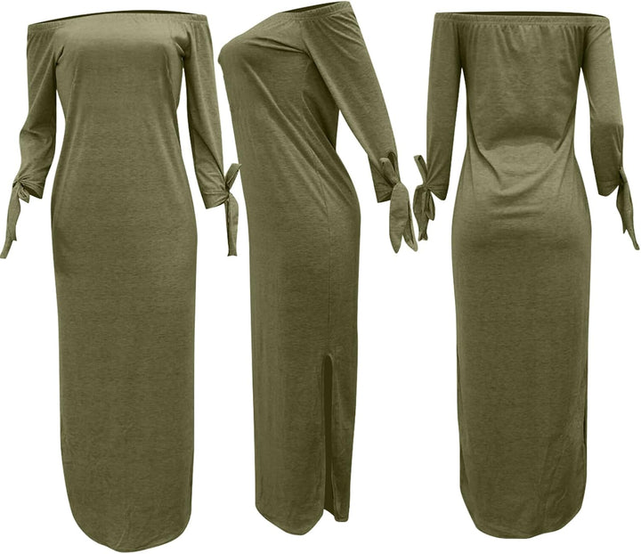 OLUOLIN Women's Casual Letter Print Off Shoulder Long Sleeve Bowknot Sides Slit Loose Long T-Shirt Maxi Dress