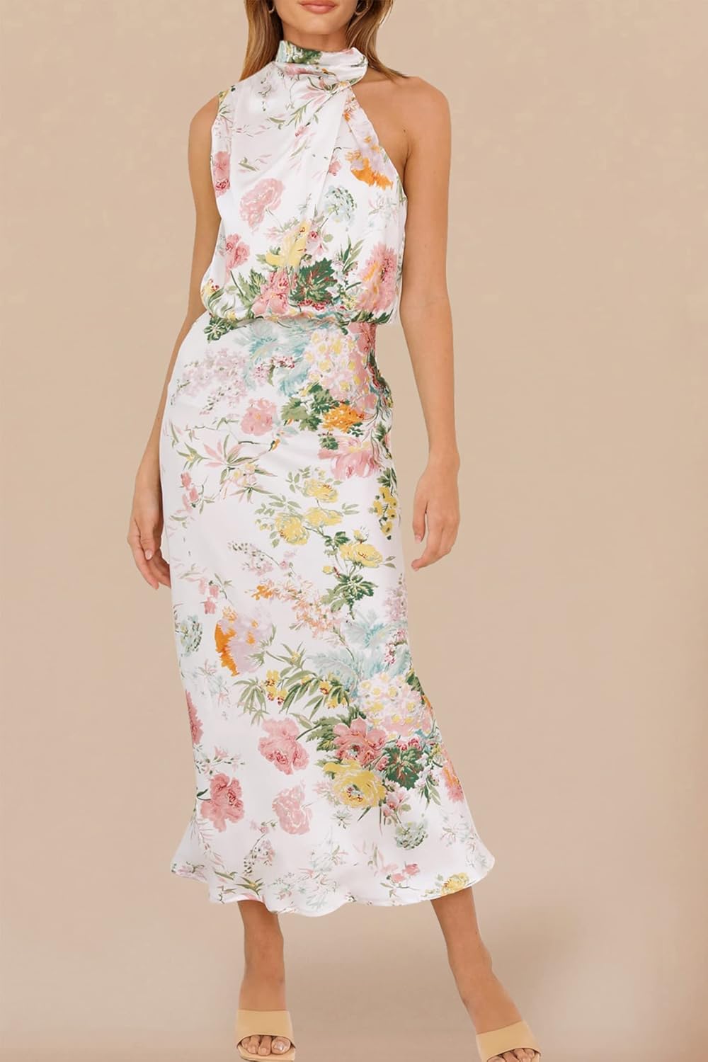 PRETTYGARDEN Women's 2025 Summer Satin Dress Elegant Sleeveless Mock Neck Cocktail Party Maxi Dresses