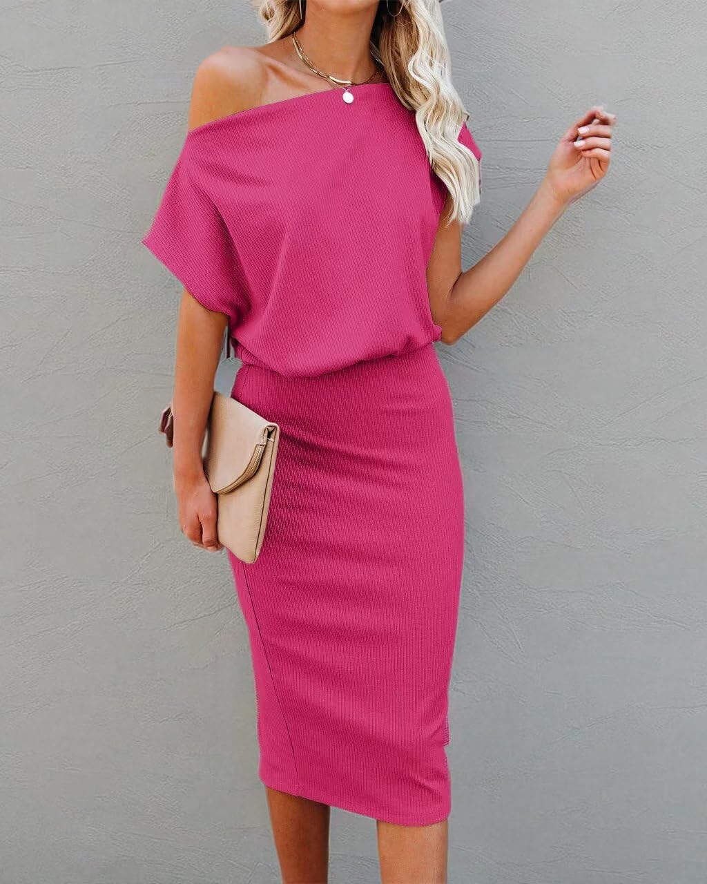 Ezbelle Women's 2025 Summer Dress Off The Shoulder Short Sleeve Ribbed Casual Party Bodycon Midi Dresses