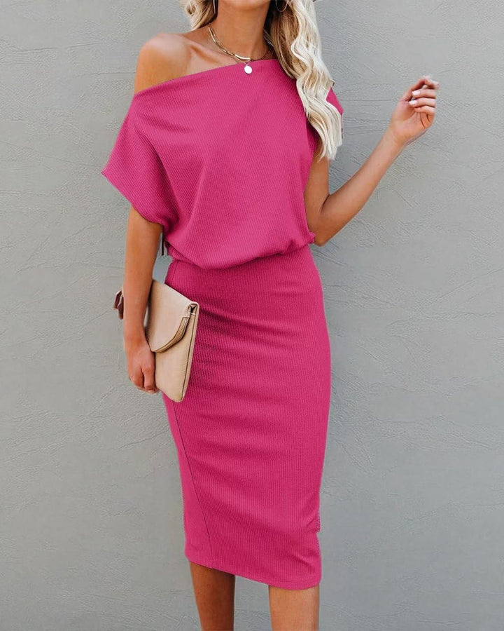 Ezbelle Women's 2025 Summer Dress Off The Shoulder Short Sleeve Ribbed Casual Party Bodycon Midi Dresses