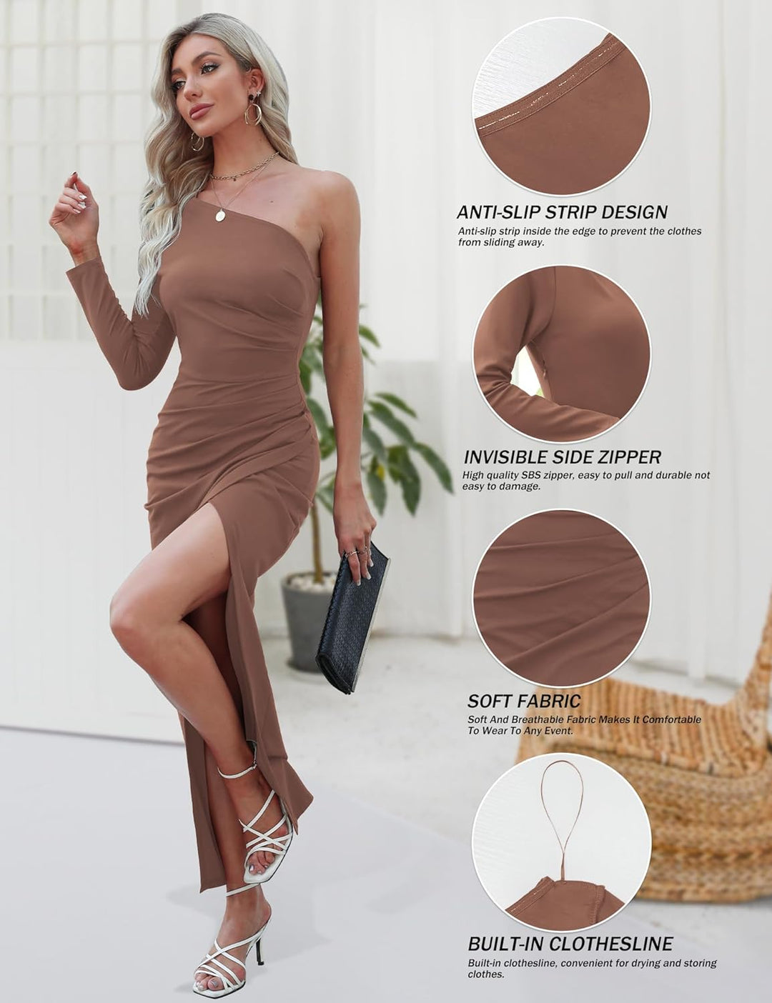 Sarin Mathews Womens One Shoulder Long Sleeve Cocktail Dresses Sexy Bodycon Ruched Wrap Split Party Formal Long Dress