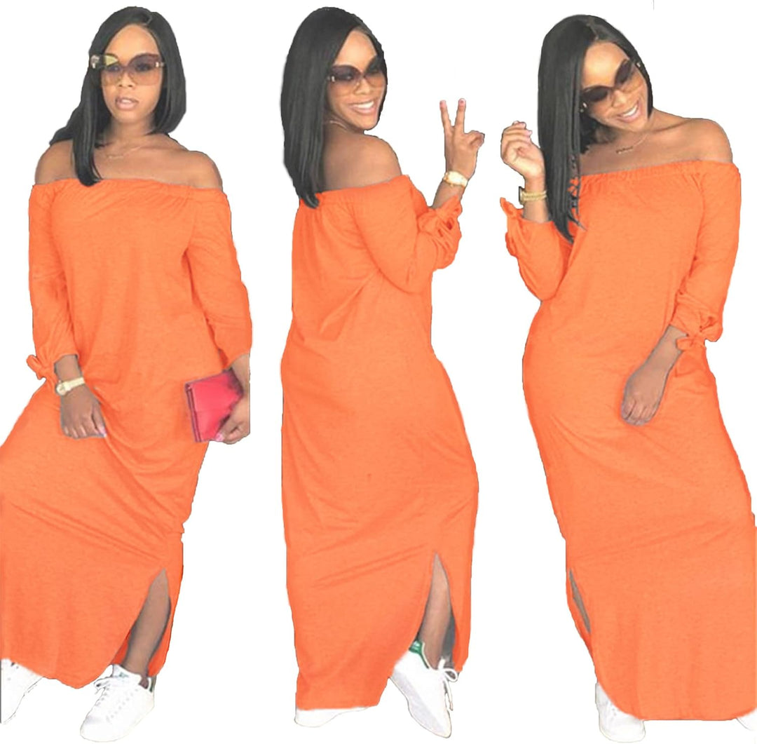 OLUOLIN Women's Casual Letter Print Off Shoulder Long Sleeve Bowknot Sides Slit Loose Long T-Shirt Maxi Dress