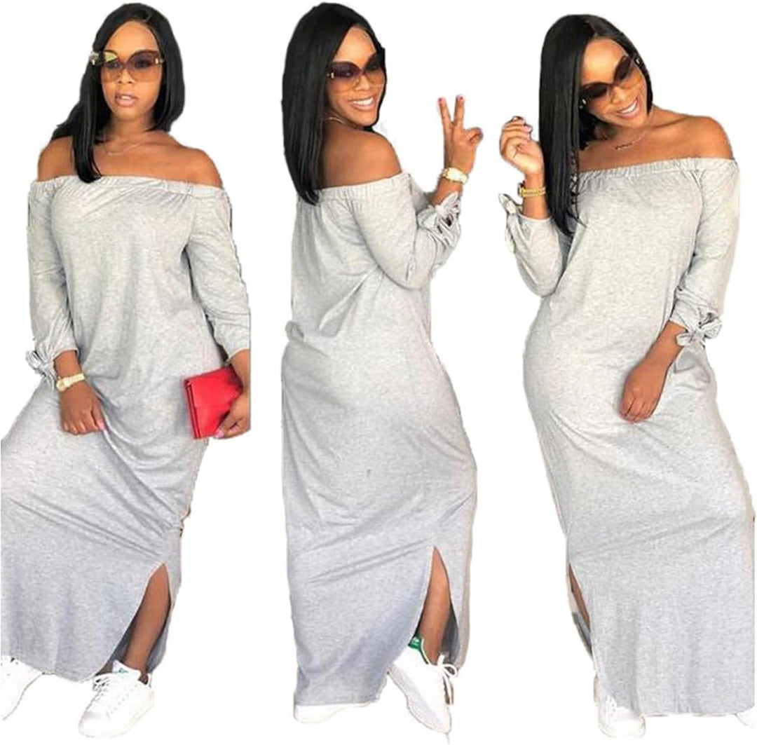 OLUOLIN Women's Casual Letter Print Off Shoulder Long Sleeve Bowknot Sides Slit Loose Long T-Shirt Maxi Dress