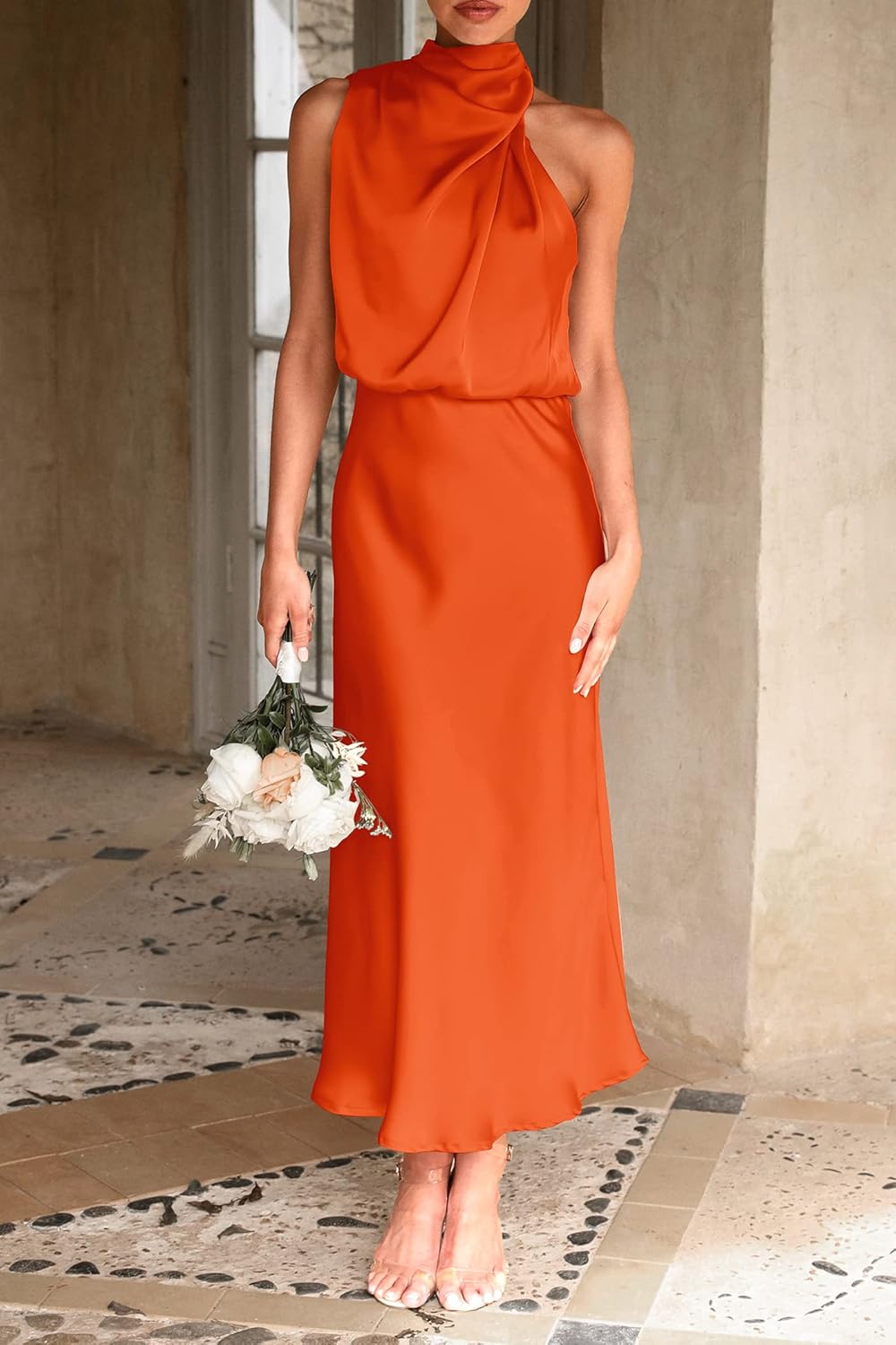 PRETTYGARDEN Women's 2025 Summer Satin Dress Elegant Sleeveless Mock Neck Cocktail Party Maxi Dresses