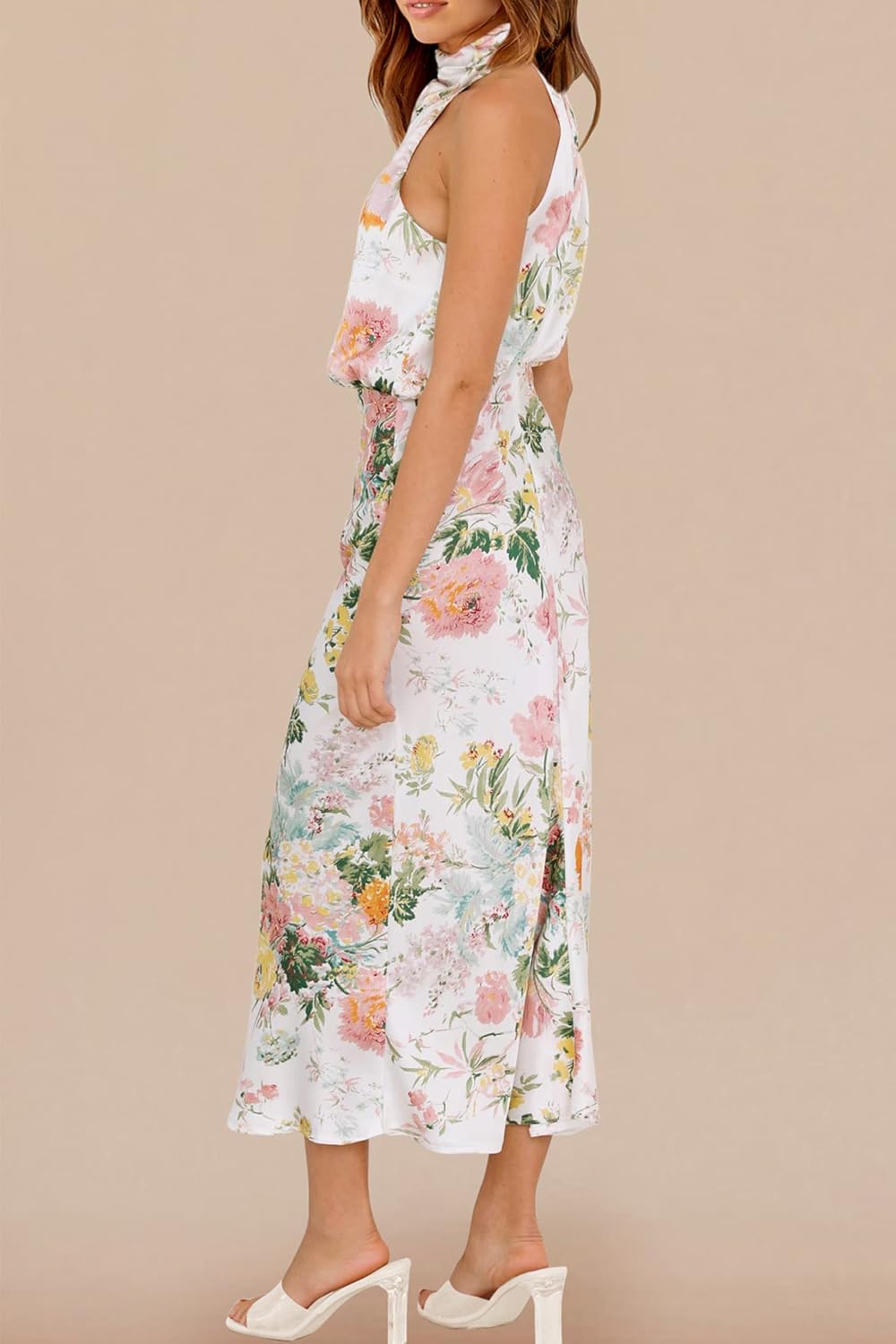 PRETTYGARDEN Women's 2025 Summer Satin Dress Elegant Sleeveless Mock Neck Cocktail Party Maxi Dresses