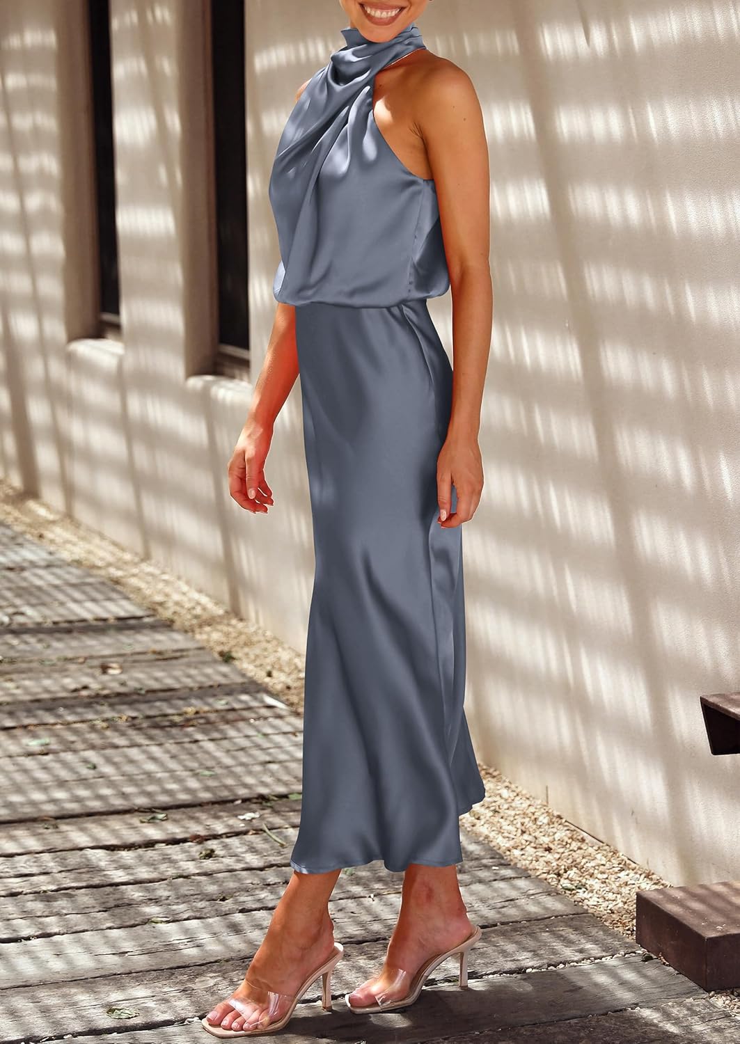 PRETTYGARDEN Women's 2025 Summer Satin Dress Elegant Sleeveless Mock Neck Cocktail Party Maxi Dresses