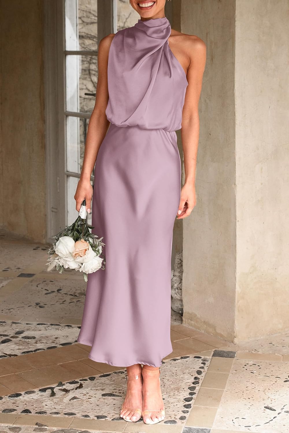 PRETTYGARDEN Women's 2025 Summer Satin Dress Elegant Sleeveless Mock Neck Cocktail Party Maxi Dresses