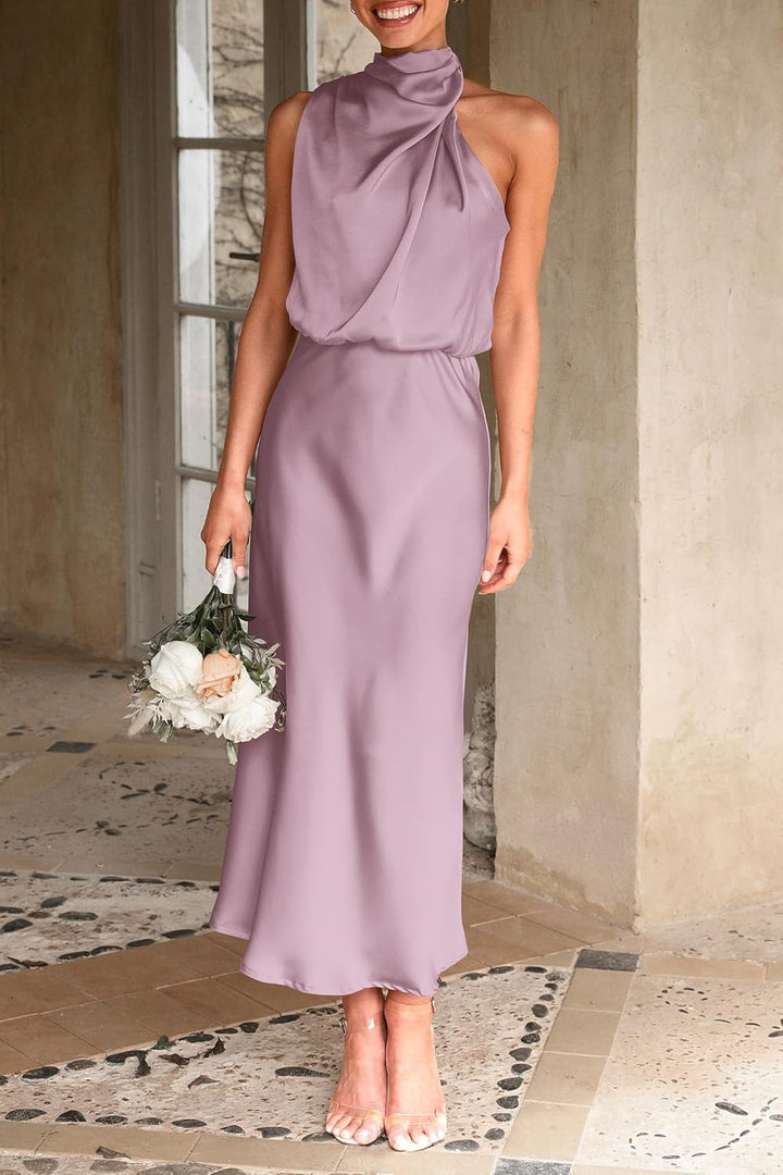 PRETTYGARDEN Women's 2025 Summer Satin Dress Elegant Sleeveless Mock Neck Cocktail Party Maxi Dresses