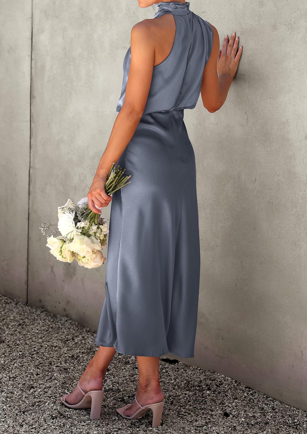 PRETTYGARDEN Women's 2025 Summer Satin Dress Elegant Sleeveless Mock Neck Cocktail Party Maxi Dresses
