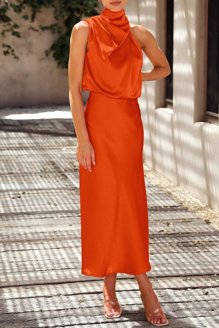 PRETTYGARDEN Women's 2025 Summer Satin Dress Elegant Sleeveless Mock Neck Cocktail Party Maxi Dresses