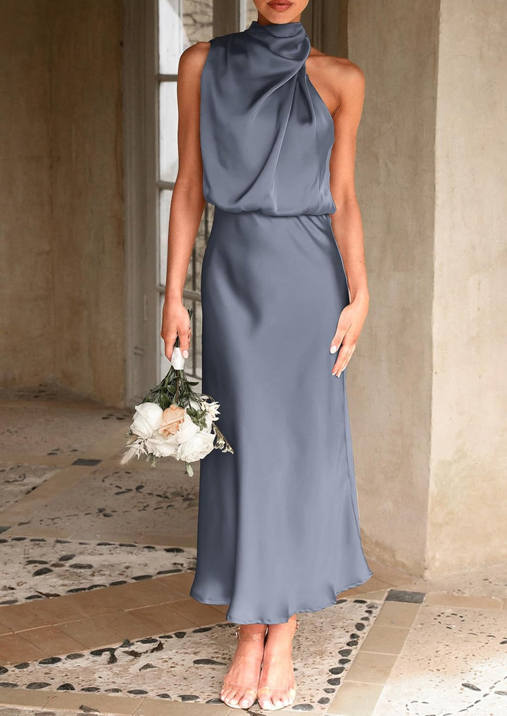 PRETTYGARDEN Women's 2025 Summer Satin Dress Elegant Sleeveless Mock Neck Cocktail Party Maxi Dresses