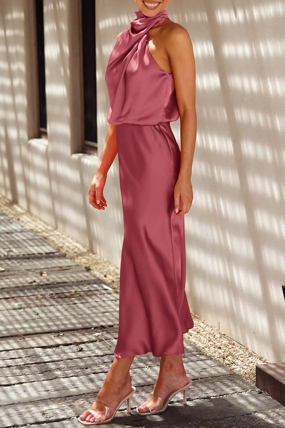 PRETTYGARDEN Women's 2025 Summer Satin Dress Elegant Sleeveless Mock Neck Cocktail Party Maxi Dresses