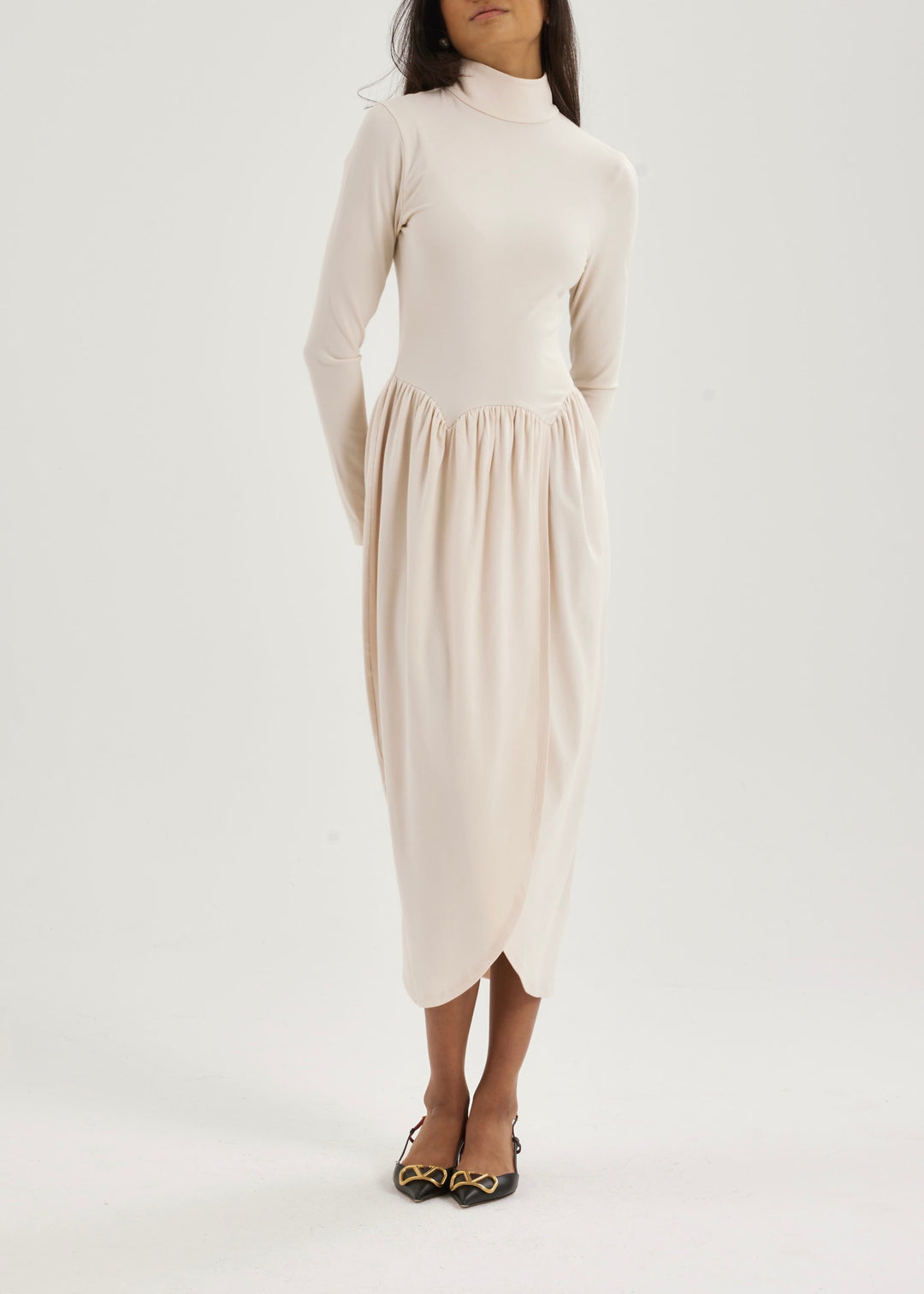 Valentina High Neck Jersey Drape Dress | Ivoor