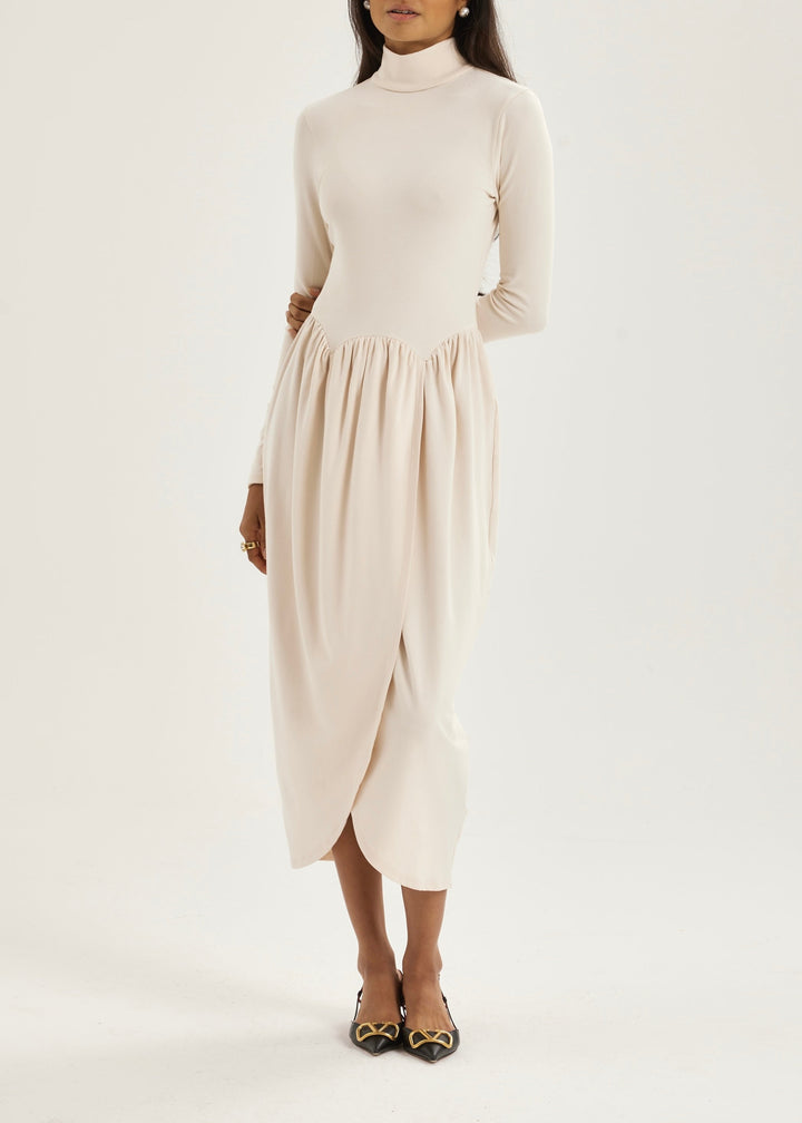 Valentina High Neck Jersey Drape Dress | Ivoor