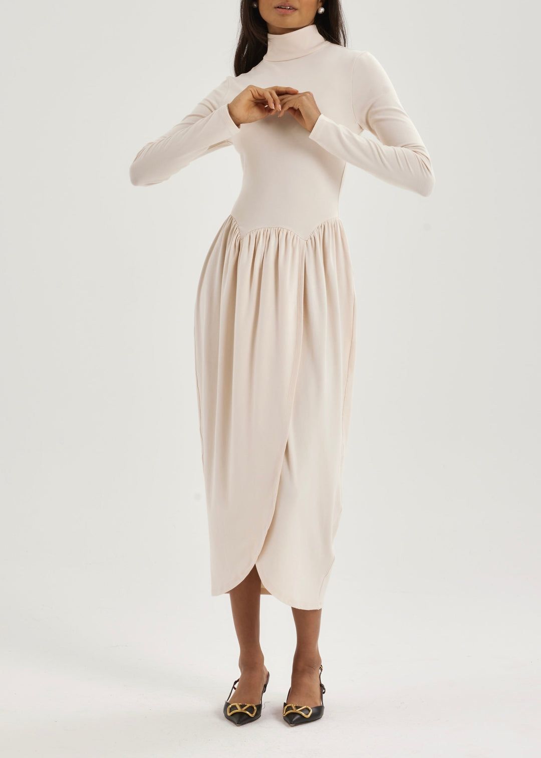 Valentina High Neck Jersey Drape Dress | Ivoor