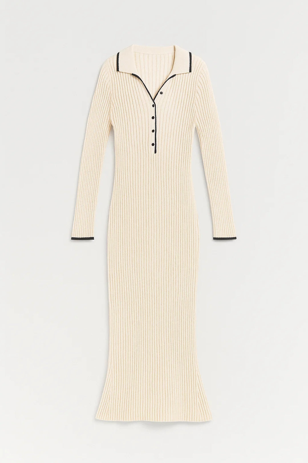 Lange ribgebreide jurk | Contrasterende kraag | Elegant en aansluitend