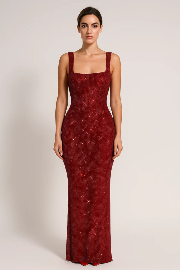 Lange aansluitende jurk met pailletten | Vierkante halslijn | Elegant en glinsterend