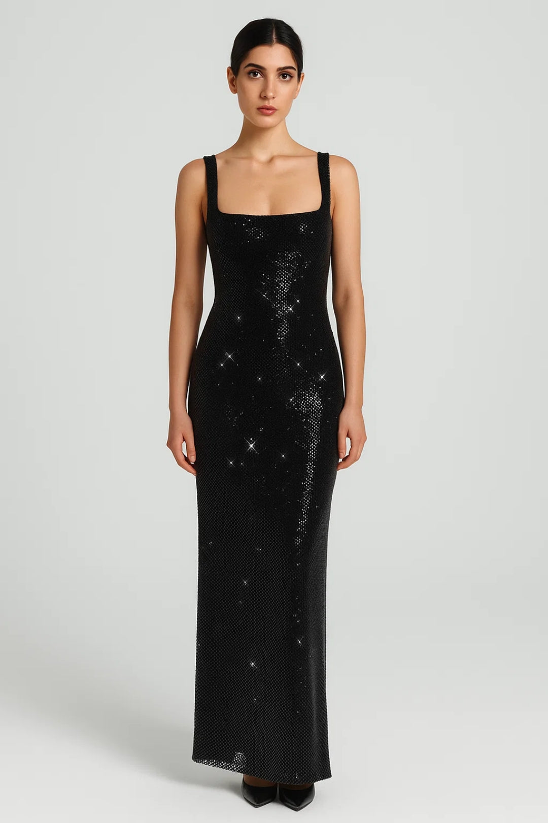 Lange aansluitende jurk met pailletten | Vierkante halslijn | Elegant en glinsterend