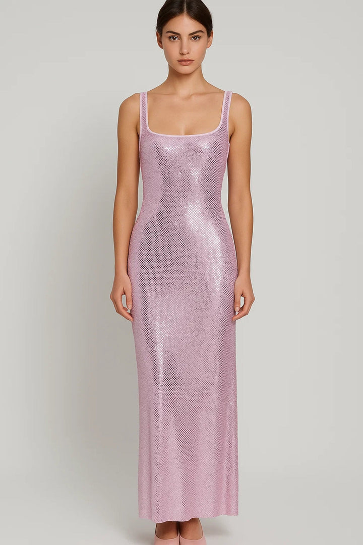 Lange aansluitende jurk met pailletten | Vierkante halslijn | Elegant en glinsterend