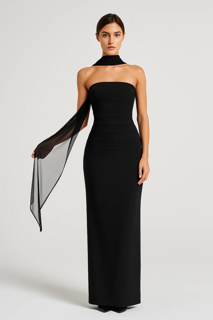 Lange jurk met chiffon sjaal | Strapless | Aansluitende pasvorm