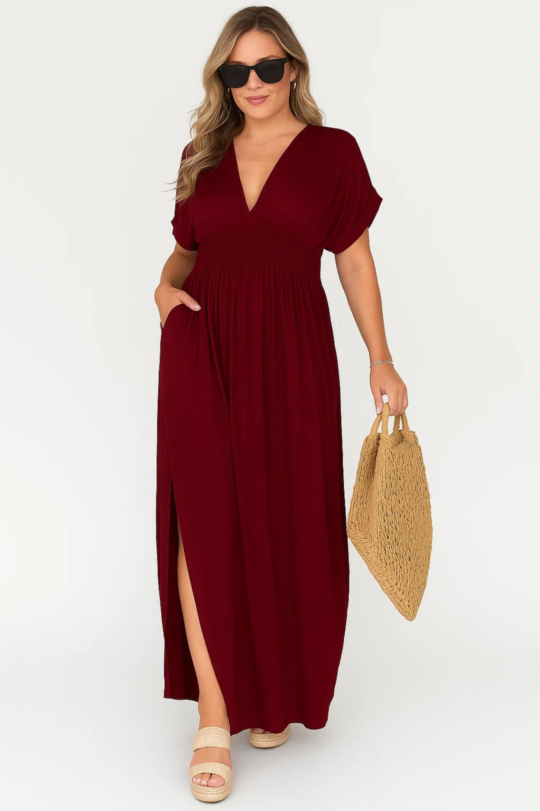 Lange jurk met V-hals | Soepele snit en korte mouwen