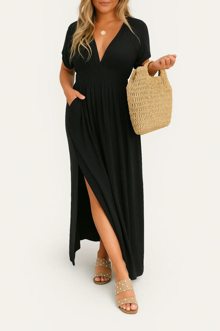 Lange jurk met V-hals | Soepele snit en korte mouwen