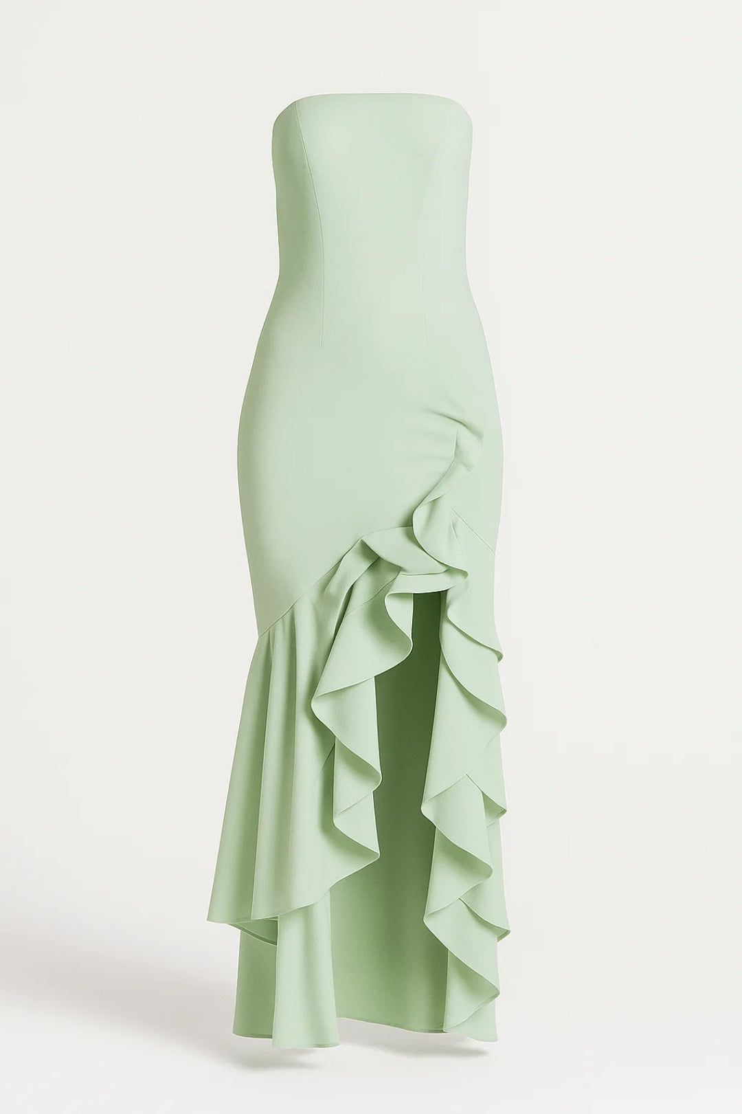 Lange strapless jurk met volant | Elegante asymmetrische split