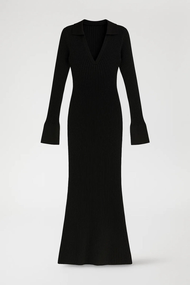 Lange ribgebreide jurk | Diepe V-hals | Uitlopende lange mouwen