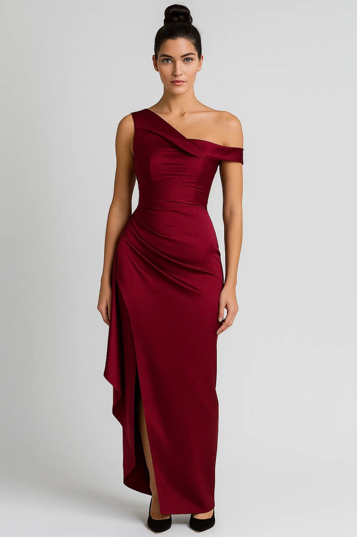 Lange one-shoulder jurk | Elegante drapering | Split aan de zijkant