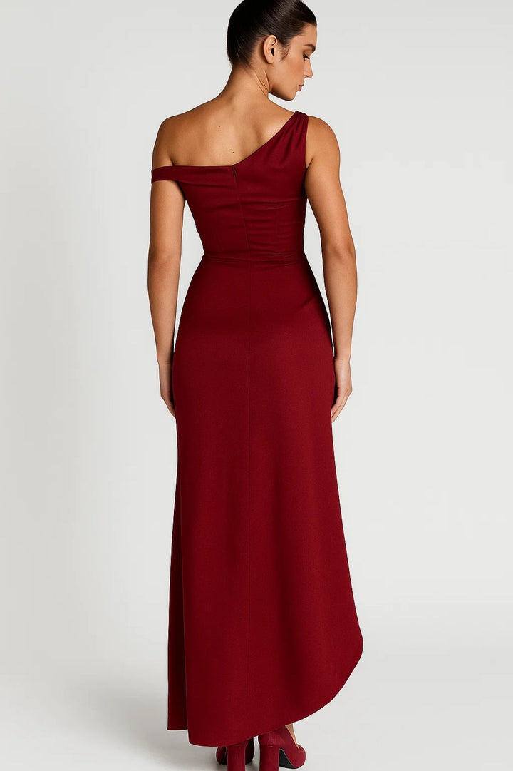 Lange one-shoulder jurk | Elegante drapering | Split aan de zijkant