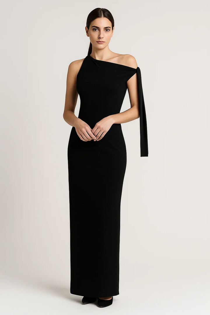 Lange one-shoulder jurk met strik