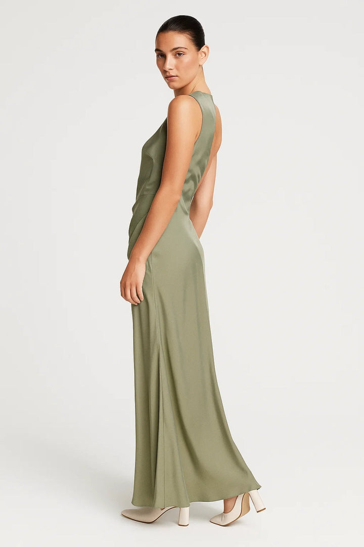 Lange one-shoulder jurk in saliegroen | Split aan de zijkant | Minimalistische elegantie