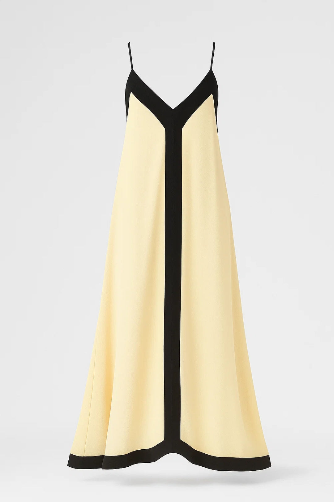 Lange uitlopende jurk met dunne bandjes | Contrasterende details | V-hals