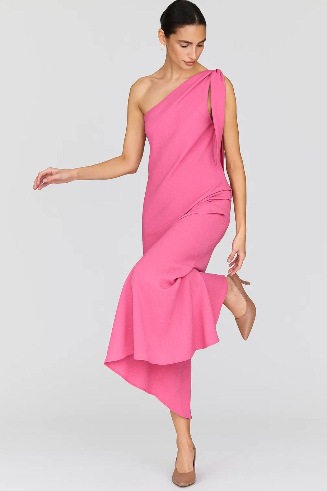 Fuchsia one-shoulder jurk met decoratieve knoop