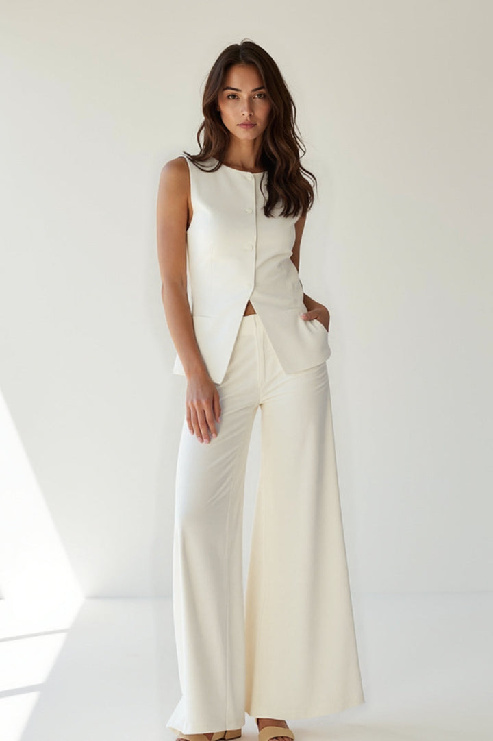 Witte Broekenset | Mouwloos Gilet met Wijde Pijpen | Stijlvol & Minimalistisch