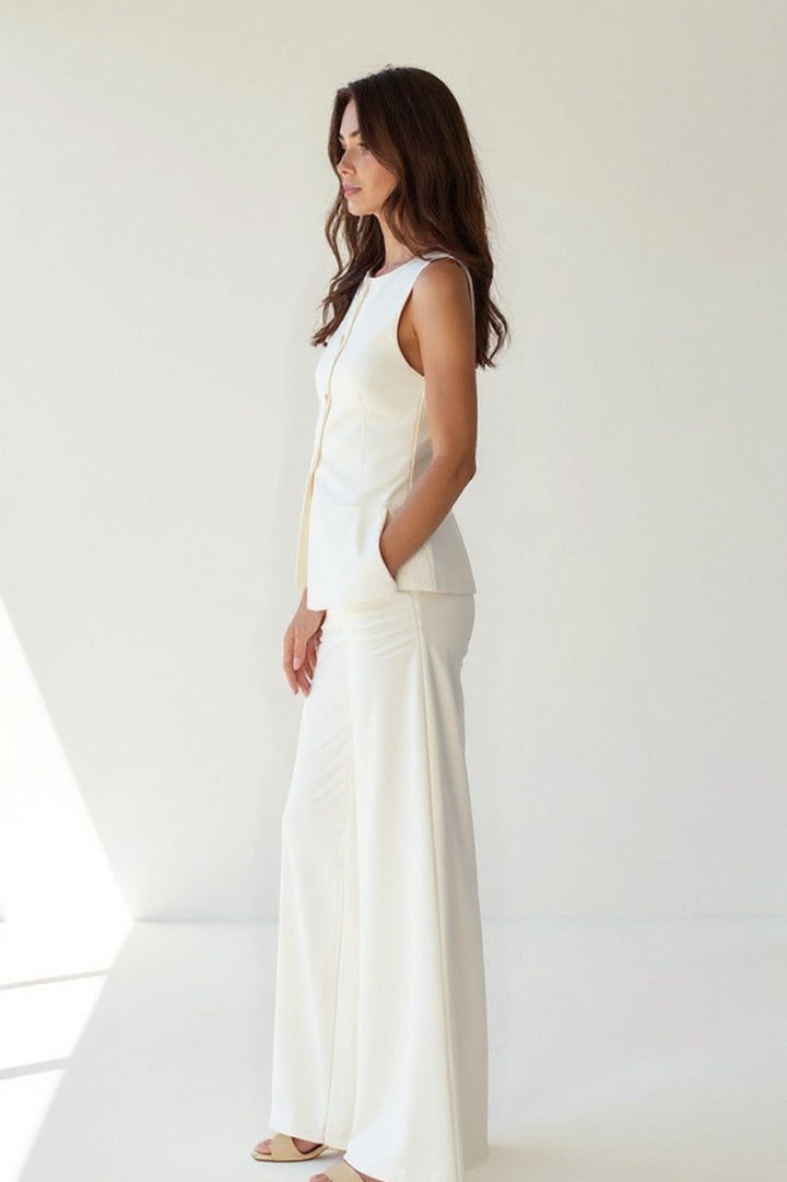 Witte Broekenset | Mouwloos Gilet met Wijde Pijpen | Stijlvol & Minimalistisch