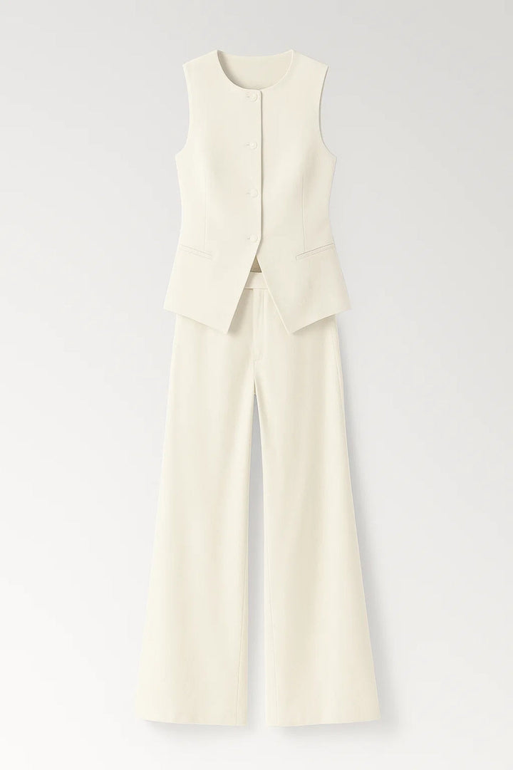 Witte Broekenset | Mouwloos Gilet met Wijde Pijpen | Stijlvol & Minimalistisch