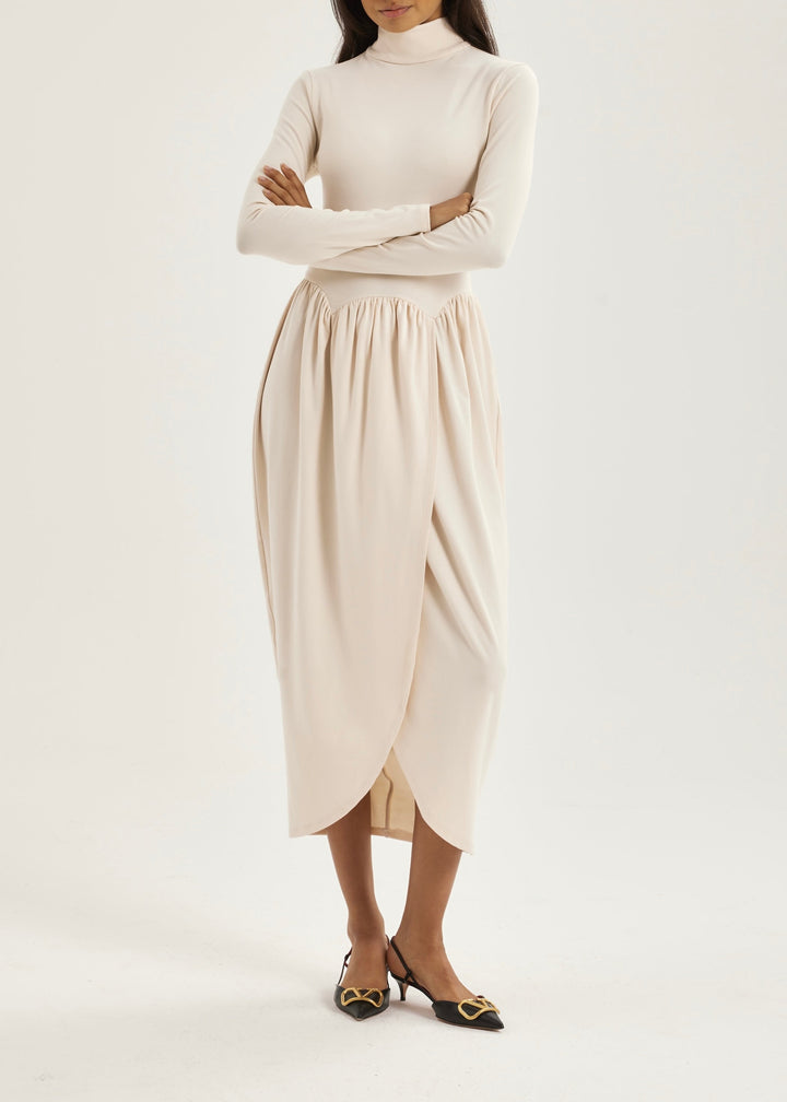Valentina High Neck Jersey Drape Dress | Ivoor