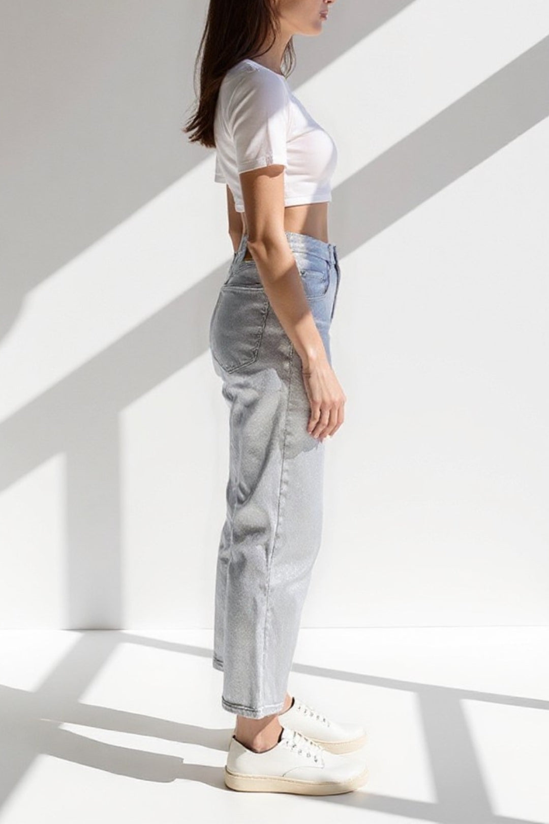 Zilveren rechte jeans | Hoge taille | Glanzend metallic effect