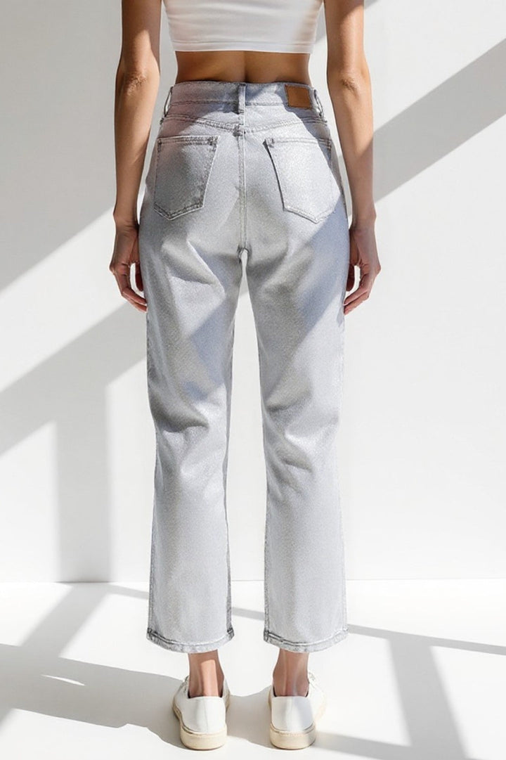 Zilveren rechte jeans | Hoge taille | Glanzend metallic effect