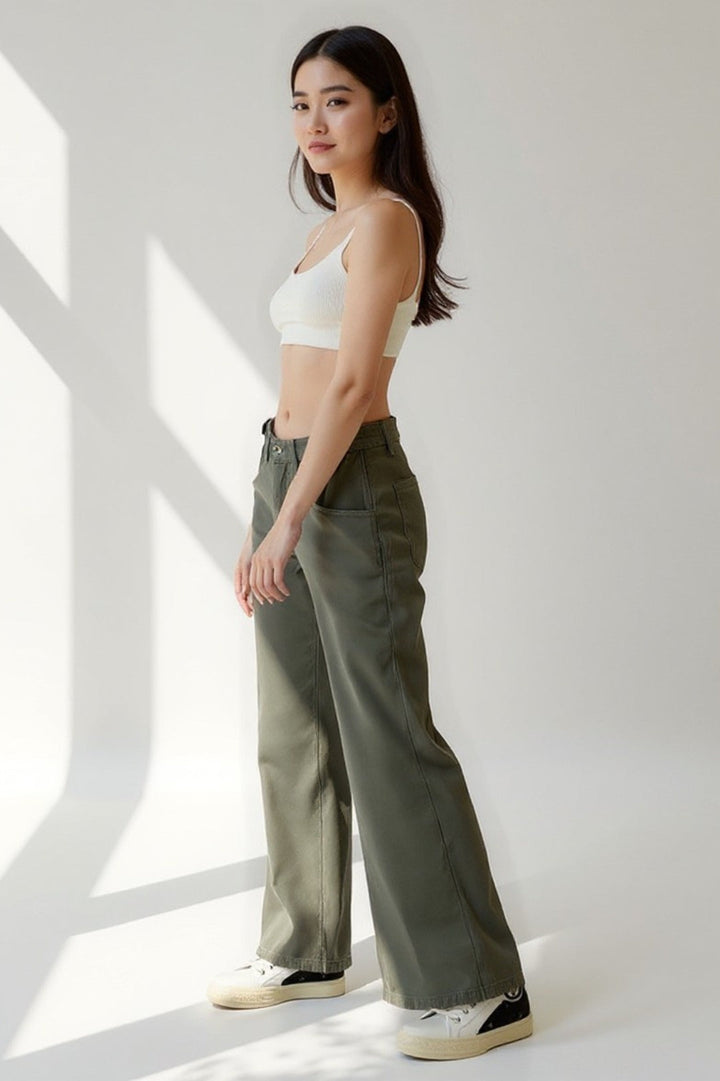 Broek met wijde pijpen van katoen | Middelhoge taille | Casual stijl met gerimpelde zakken